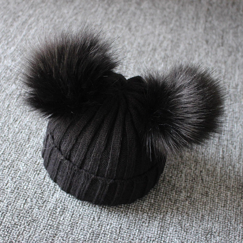 Winter Wool Knitted Newborn Kids Baby Caps Beanie with Two Double Pom Pom Beanie for Boys Girl 1-3 Years