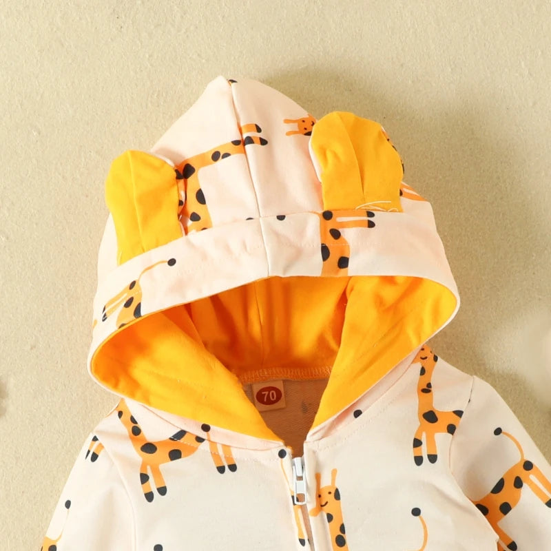 Cute Cartoon Giraffe Infant  Baby Girls Hooded Jumpsuit Baby Zipper Overalls Costume 0-18 Months
