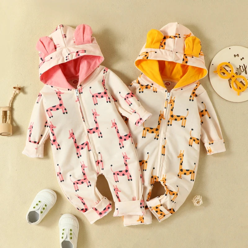 Cute Cartoon Giraffe Infant  Baby Girls Hooded Jumpsuit Baby Zipper Overalls Costume 0-18 Months