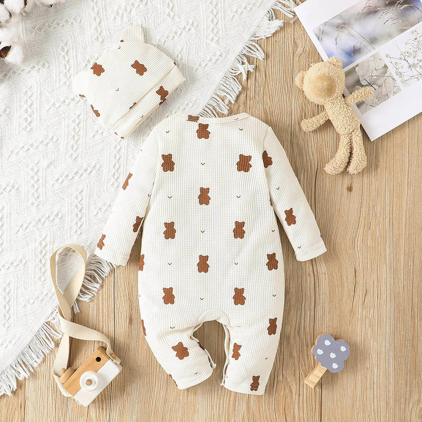 Long Sleeve Cartoon Bear Jumpsuit  , Baby Unisex Boy Girl Newborn Romper 0-18 Months Toddler Clothing
